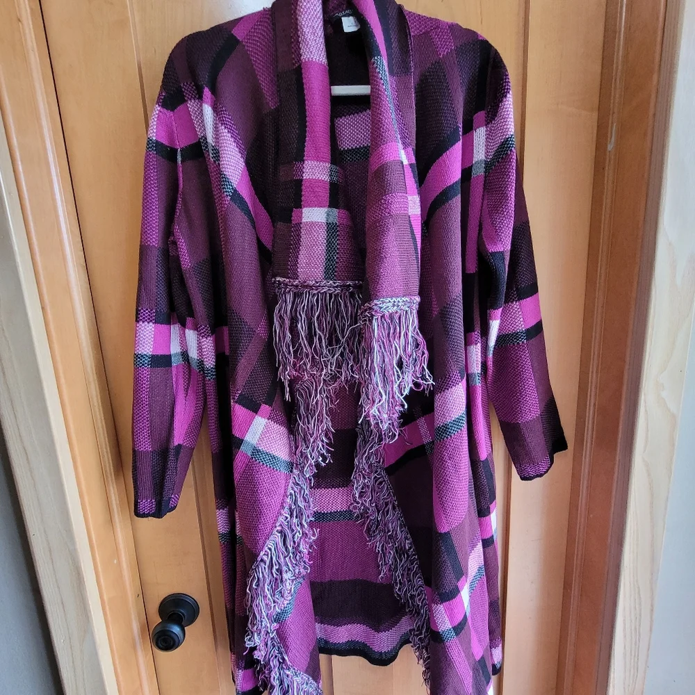 Notations Pink Plaid Fringe Cardigan – Cozy Open Front Sweater Jacket L - Picture 6 of 6